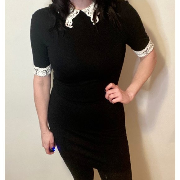 Revamped Black Bodycon Dress w/ White Lace Collar - Picture 2 of 2
